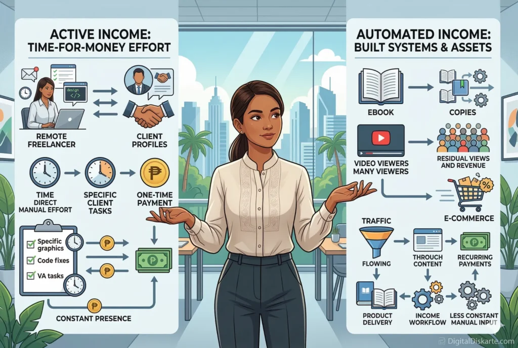 Visual guide comparing active income and automated income for beginners in the Philippines, showing freelancing, client work, digital products, content, and recurring online income systems.