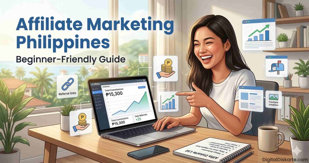 Affiliate Marketing Philippines featured image showing a happy Filipina working on a laptop with referral links, commissions, content creation, and online income growth.