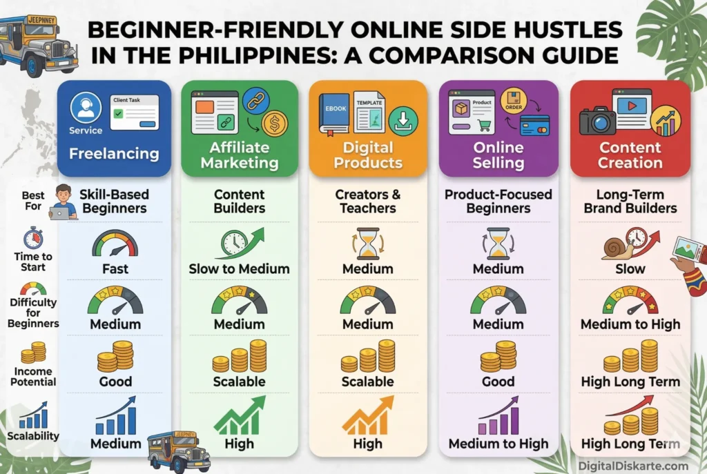 Beginner-friendly online side hustles in the Philippines for employed beginners including freelancing, affiliate marketing, digital products, content creation, and online selling