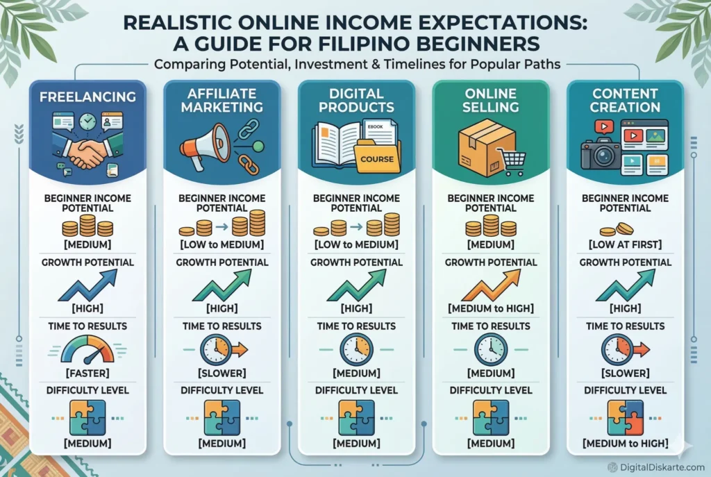 Realistic online income expectations in the Philippines for beginners across different online income paths